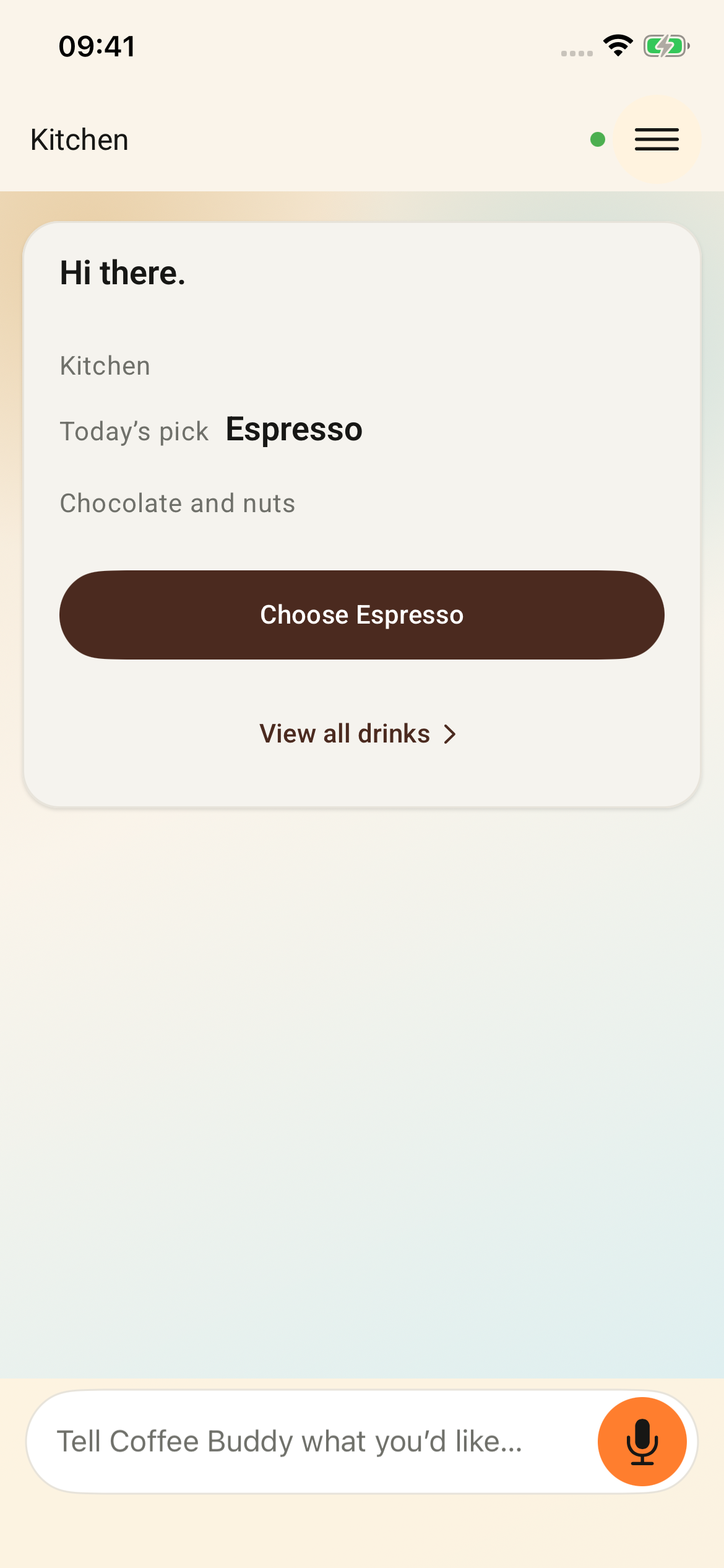 CoffeeBuddy app showing machine status, coffee recommendations and the conversation screen