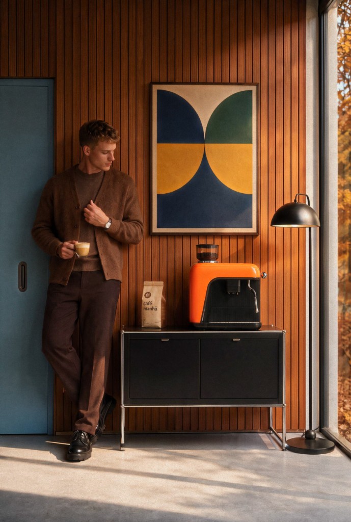 An orange yeema coffee machine in a living space